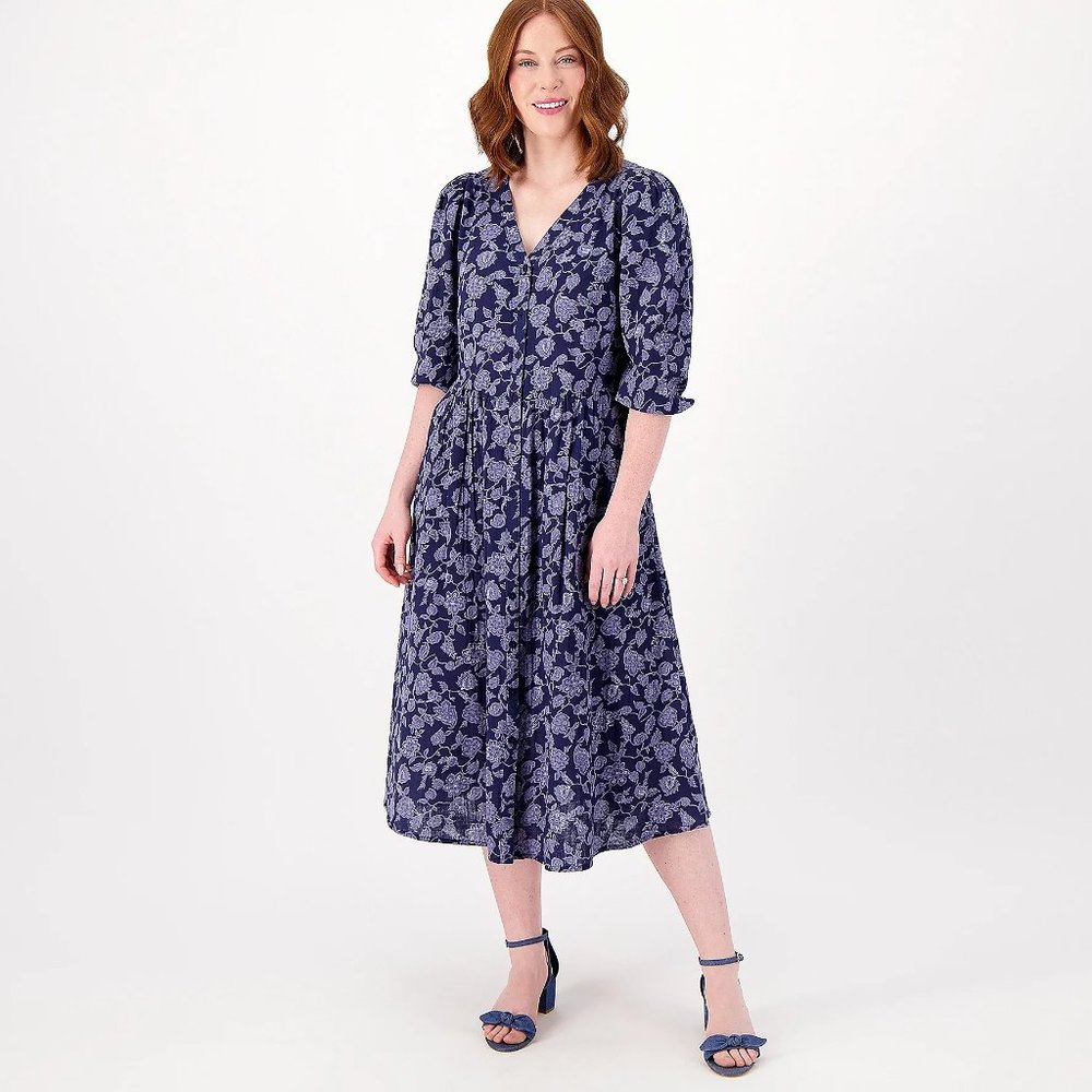 Encore by Idina Menzel Regular Gauze Peasant Dress - Indigo (sz M) a596094